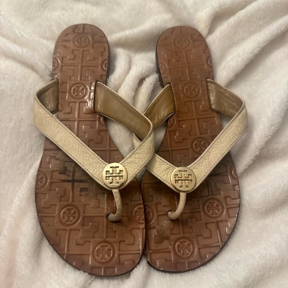 Tory Burch Tan (cream, off white) and Brown Leather Flip Flops